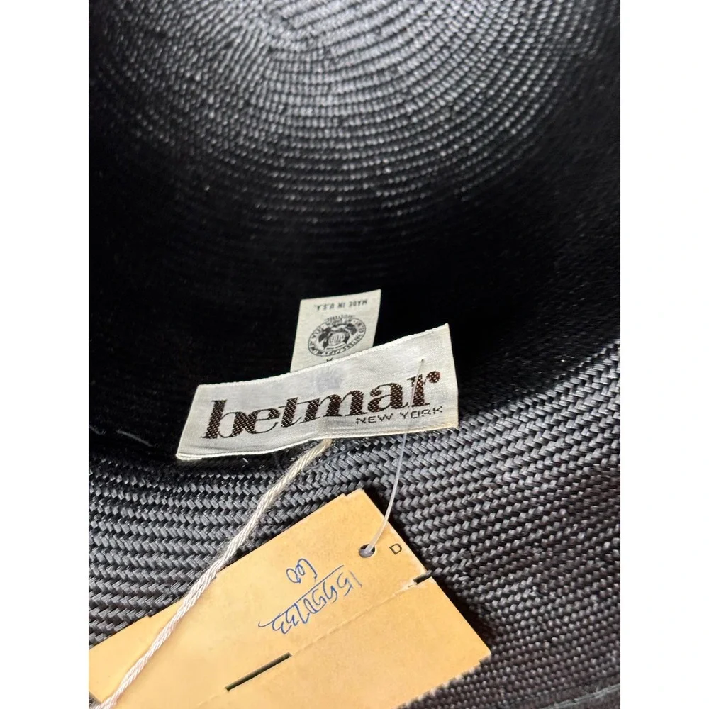 Vintage Betmar New York Black Wide Brim Sun Hat Yellow Floral Velvet Ribbon NWT